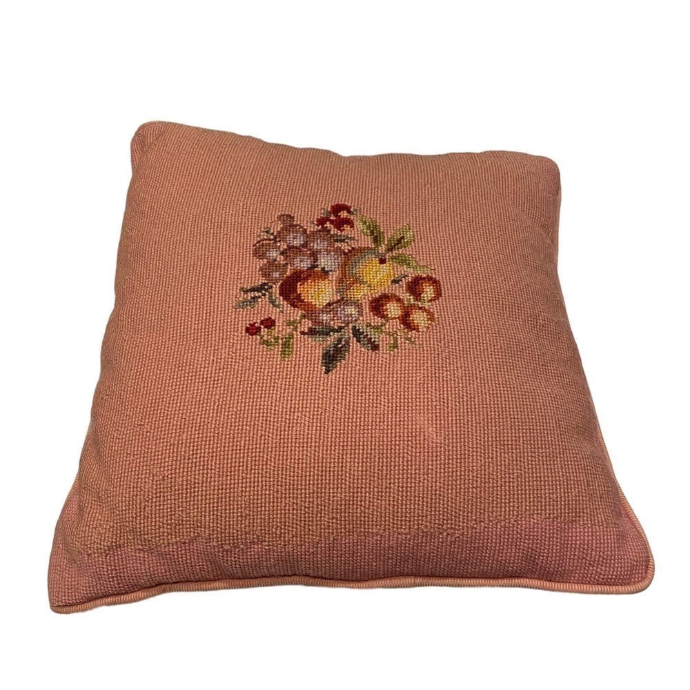 Needlepoint Floral Pillow Blush Background Color Corduroy Back Square Shape Vtg